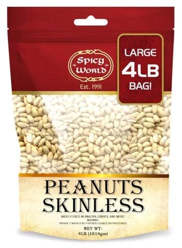 Spicy World Skinless Peanuts, Blanched Raw Peanuts (Uncooked, Unsalted) 4 Pound (64oz)  All Natural USA Grown