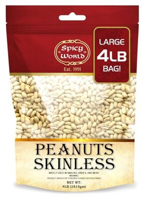 Spicy World Skinless Peanuts, Blanched Raw Peanuts (Uncooked, Unsalted) 4 Pound (64oz)  All Natural USA Grown