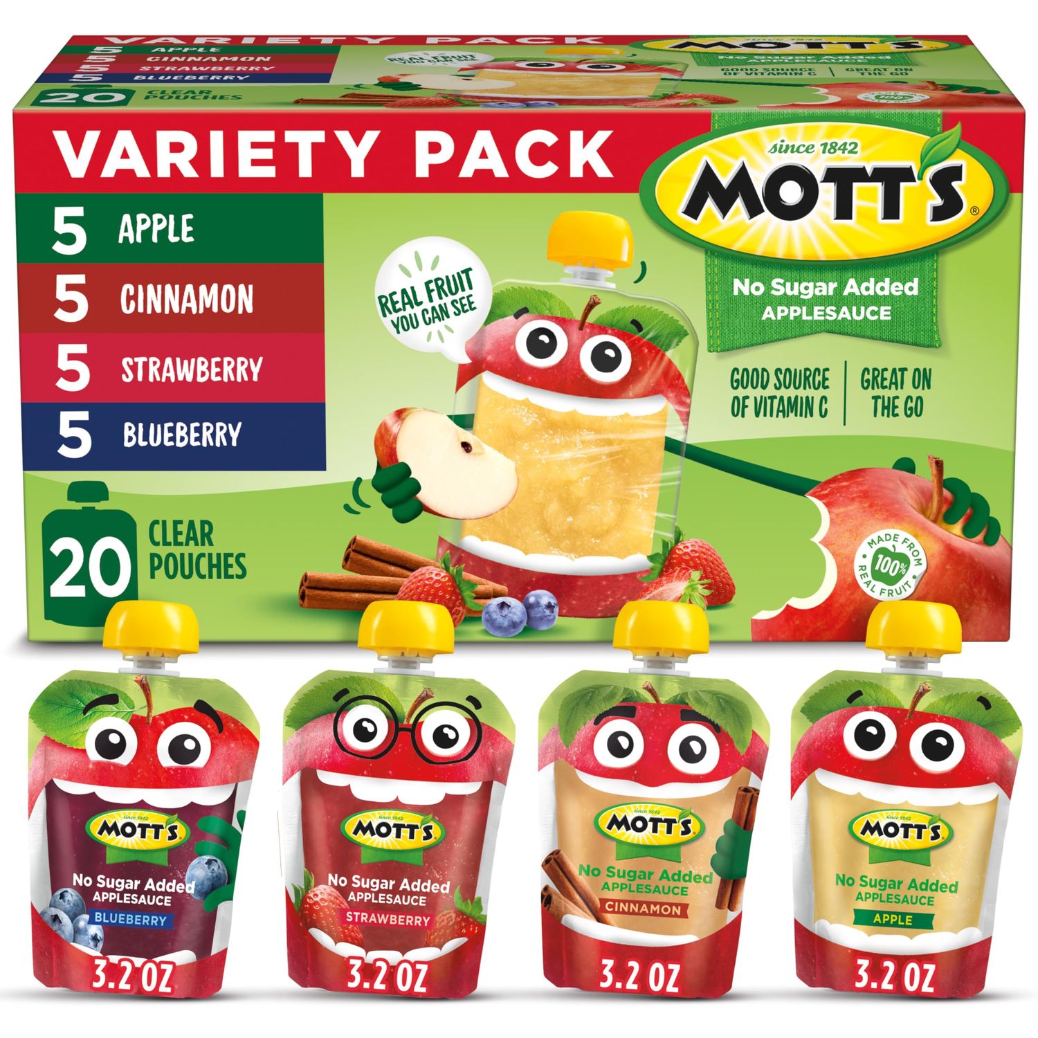 Motts No Sugar Added Applesauce Variety Pack, 3.2 oz Clear Pouches, 20 Pack