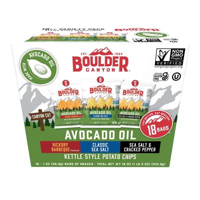Boulder Canyon Avocado Oil Kettle Style Potato Chips Variety Pack, 18 Count - Gluten-Free, Non-GMO, Hickory Barbecue, Classic Sea Salt, Sea Salt &amp; Cracked Pepper (1 oz Bags)