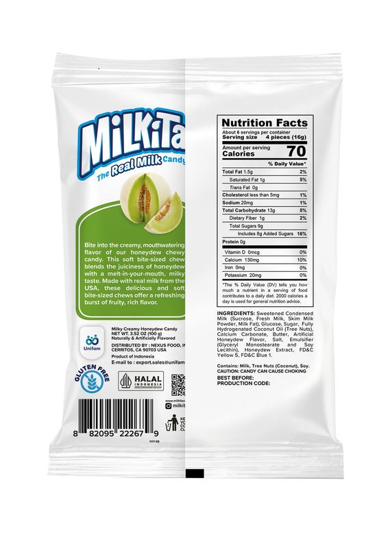 Milkita Creamy Shake Candy Bag, Gluten Free Chewy Candies with Calcium &amp; Real Milk, Zero Trans Fat, Low-Sugar, Honeydew Flavor, 30 Pcs