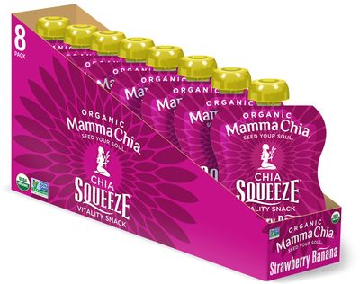 Mamma Chia Organic Vitality Squeeze Snack, Strawberry Banana, USDA Organic, Non-GMO, Vegan, Gluten Free, and Kosher. Fruit and Vegetables with only 70 Calories. 3.5 Ounce (Pack of 8)