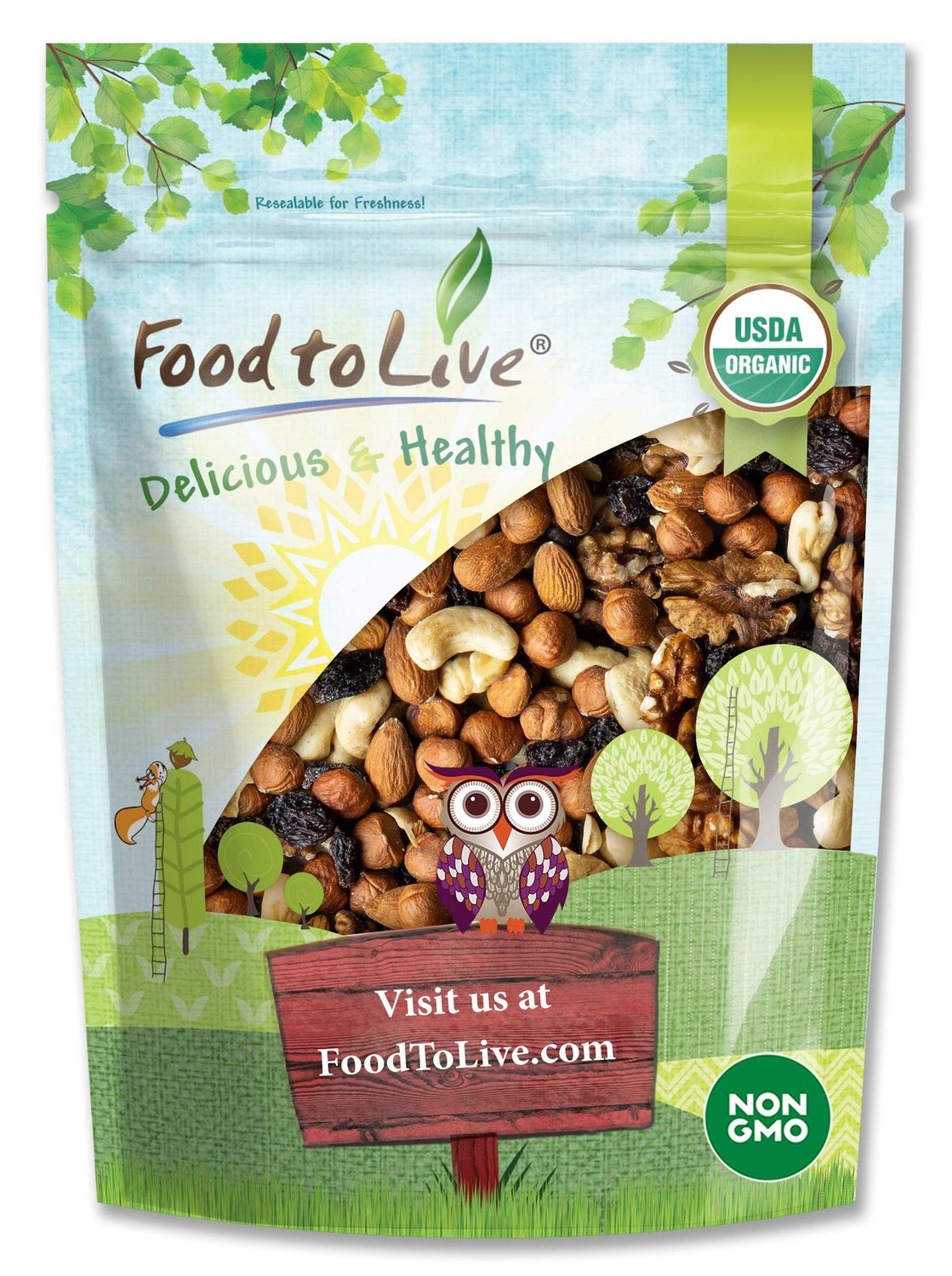 Food to Live Organic Go Raw Trail Mix, 2 Pounds - Raw and Non-GMO Snack Mix Contains Walnuts, Almonds, Cashews, Hazelnuts, and Raisins. Vegan Superfood, Kosher, No Added Sugar and Oil, Bulk