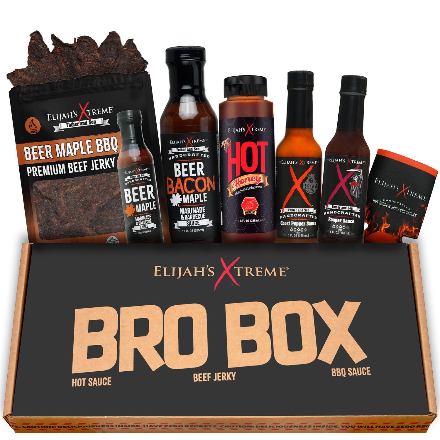 Elijah&#39;s Xtreme BBQ Bro Box - Ultimate Men&#39;s Snack Box Variety Pack: Food Box with - Beef Jerky, Hot Sauce, Hot Honey, BBQ Sauce, and Koozies