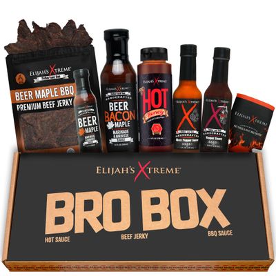 Elijah&#39;s Xtreme BBQ Bro Box - Ultimate Men&#39;s Snack Box Variety Pack: Food Box with - Beef Jerky, Hot Sauce, Hot Honey, BBQ Sauce, and Koozies