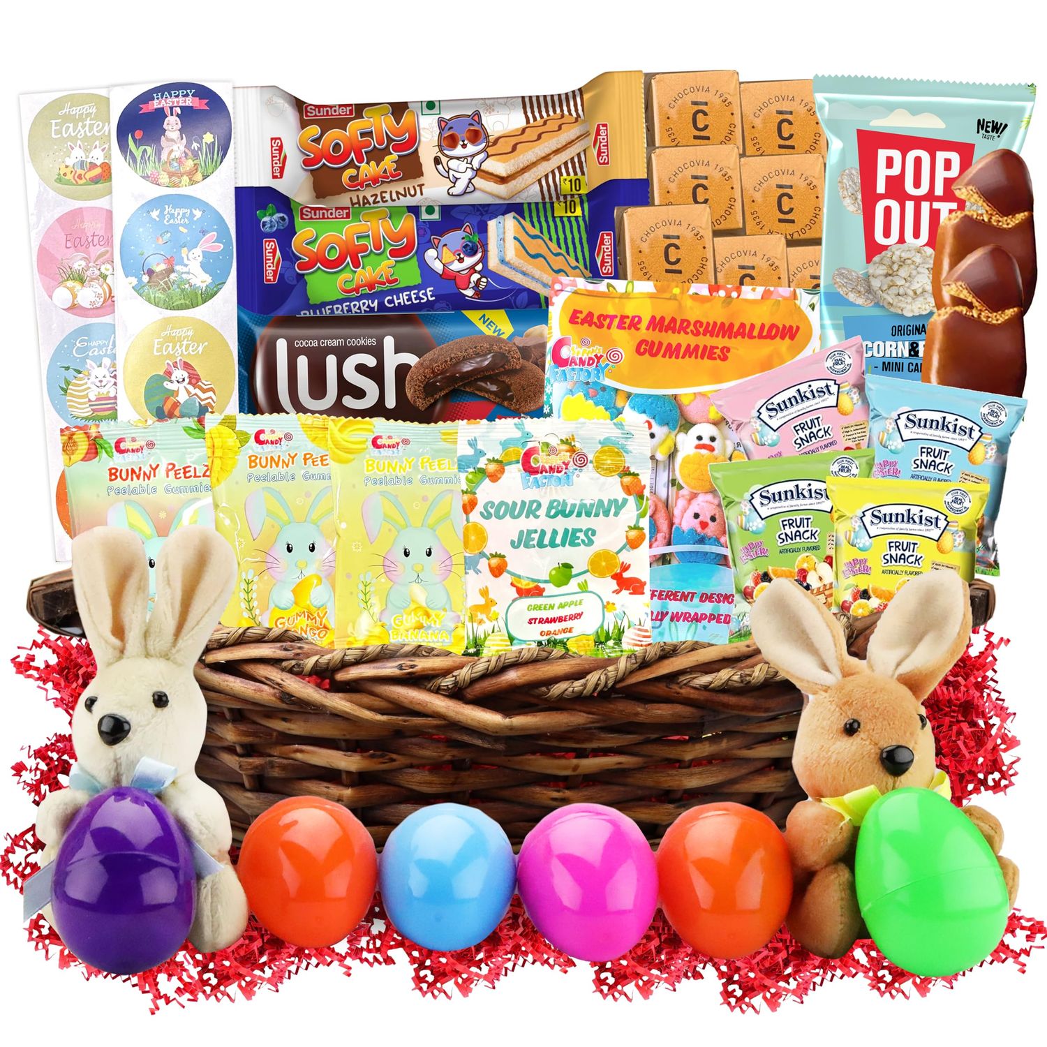 Easter Snack Brown Basket (50 Count) Filled with Treats, Candy, Peelable Gummies, Marshmallow Gummies, Bunny and More, Great Package for Family, Friends, Boys and Girls