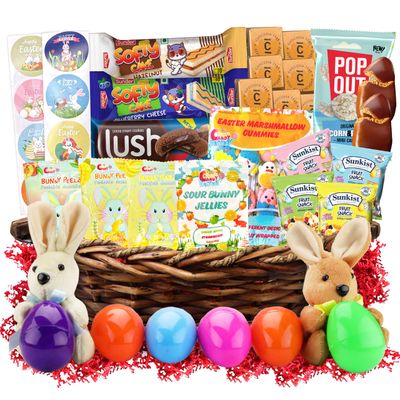 Easter Snack Brown Basket (50 Count) Filled with Treats, Candy, Peelable Gummies, Marshmallow Gummies, Bunny and More, Great Package for Family, Friends, Boys and Girls