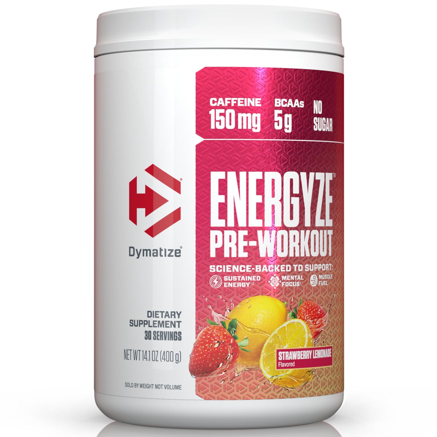 Dymatize Energyze Pre Workout Powder for Men and Women, Strawberry Lemonade Flavor, 150mg Caffeine, 5g BCAAs, Performance Blend of L-Theanine, L-Tyrosine, L-Citrulline, No Sugar, 30 Servings