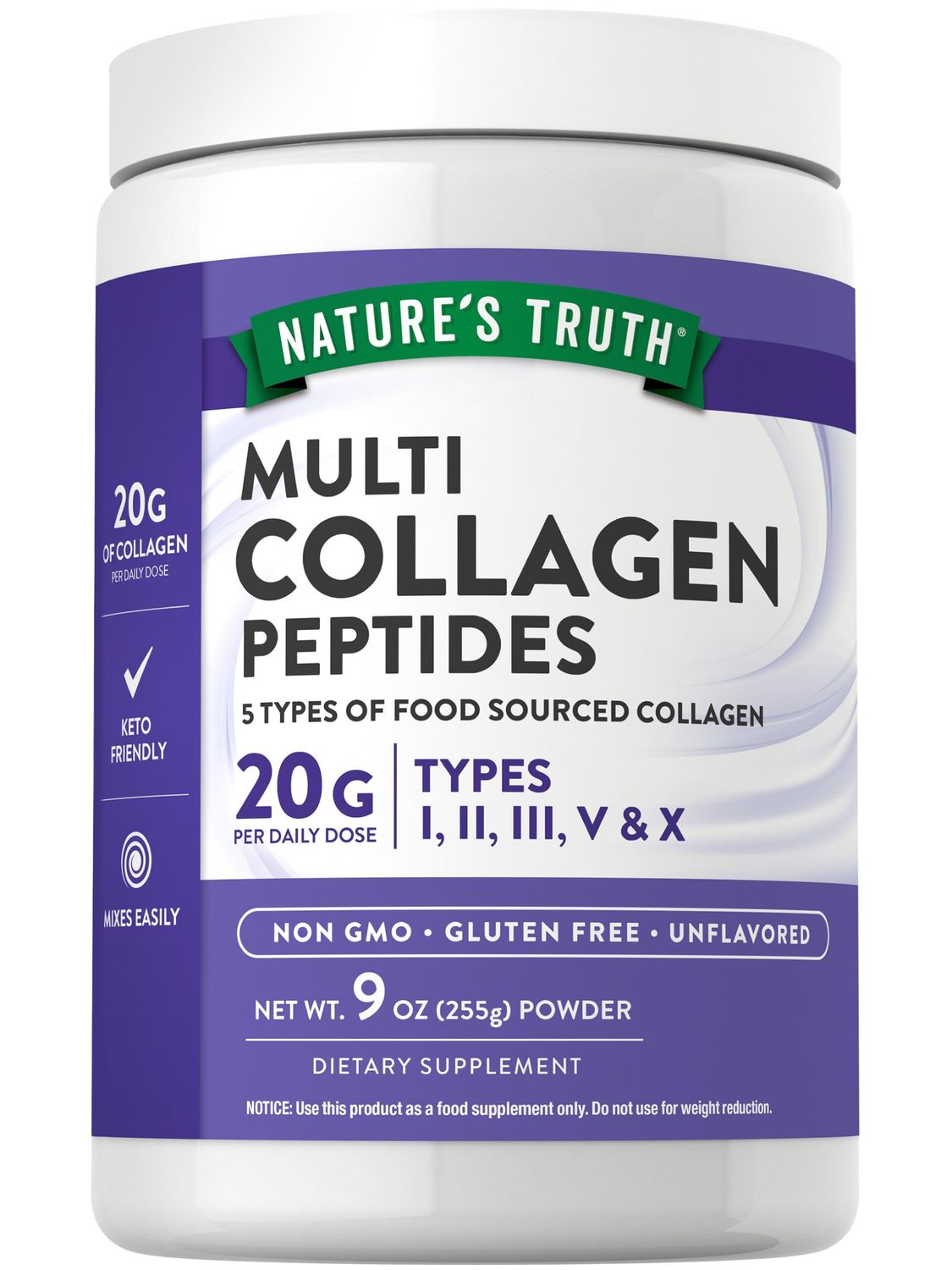 Nature&#39;s Truth Multi Collagen Peptide Powder  9 oz  Type I, II, III, V, X  Unflavored  Non-GMO &amp; Gluten Free Supplement
