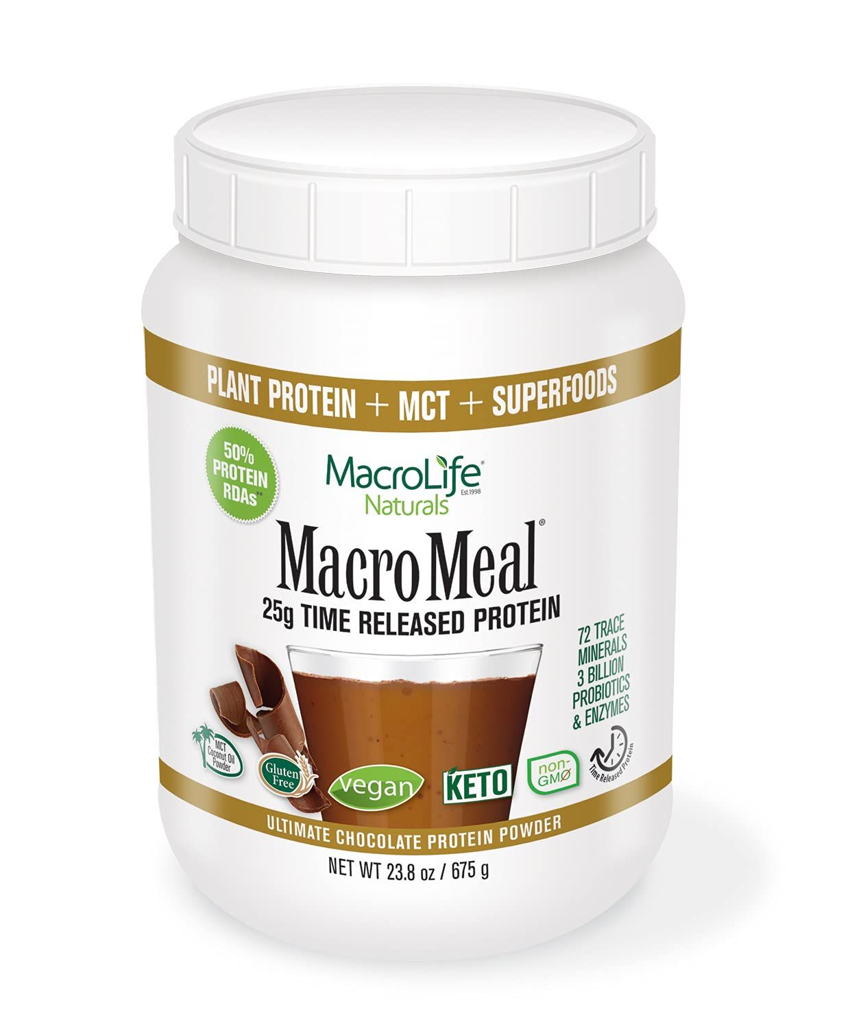 MacroLife Naturals MacroMeal Vegan Chocolate Protein Powder Superfood Greens Probiotics  Fiber, Immune Energy Digestive Daily Essentials for Women &amp; Men Gluten-Free - 23.8oz (15 Servings)