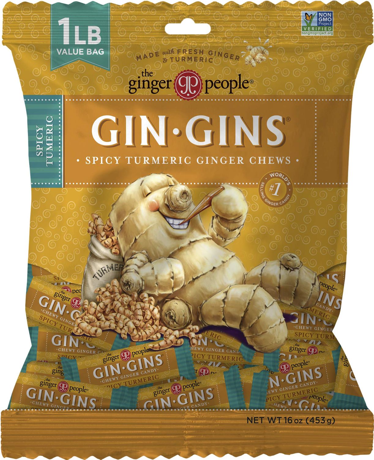 Gin GINS Spicy Turmeric Chewy Ginger Candy by The Ginger People - Anti-Nausea and Digestion Aid, Individually Wrapped Healthy Candy - Spicy Turmeric and Ginger Flavor, Large 1 lb Bag (16oz) - Pack of