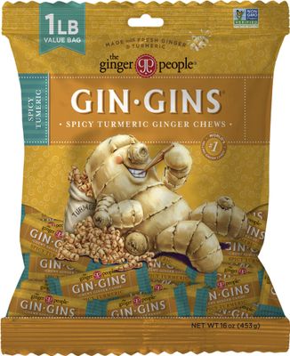 Gin GINS Spicy Turmeric Chewy Ginger Candy by The Ginger People - Anti-Nausea and Digestion Aid, Individually Wrapped Healthy Candy - Spicy Turmeric and Ginger Flavor, Large 1 lb Bag (16oz) - Pack of