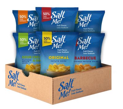 SaltMe! 4 flavor variety pack Potato Chips, 50% Low Salt, Kosher, Non-GMO, Better for You Chips, Original-BBQ-SC&amp;Onion-Ched&amp;Sour Cream 5 Ounces, Pack of 6