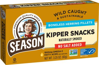Season Kipper Snacks - Boneless Herring Fillets, No Salt Added, Naturally Smoked, Wild Caught, Keto Snacks, Certified Sustainable Seafood, Non-GMO, 18g of Protein, 1800mg of Omega-3-3.25 Oz, 24-Pack