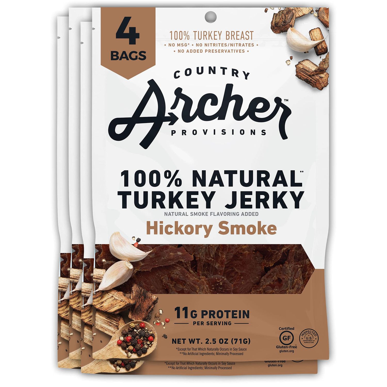 Country Archer Turkey Jerky - Turkey Meat Protein Snacks, Turkey Jerky for People, Protein Meat Snacks, Turkey Jerky Snack Packs, Gluten Free, Keto - Hickory Smoke, 2.5 oz (Pack of 4)
