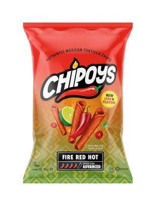 Chipoys Fire Red Hot Spicy Rolled Corn Tortilla Chips, Gluten-Free, No Trans Fat, High Protein, Low-Calorie Flavorful Mexican Snacks, Made of Crunchy Maiz Chips with Natural Ingredients