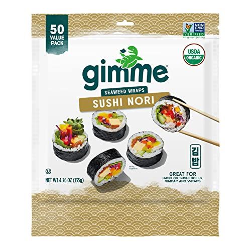 Gimme Seaweed Sushi Nori 100% - Premium Organic Roasted Seaweed 50 Sheets in Resealable Container, Keto, Vegan, Gluten-Free, Restaurant-style Sushi Nori Sheets 50 Count (Pack of 1)