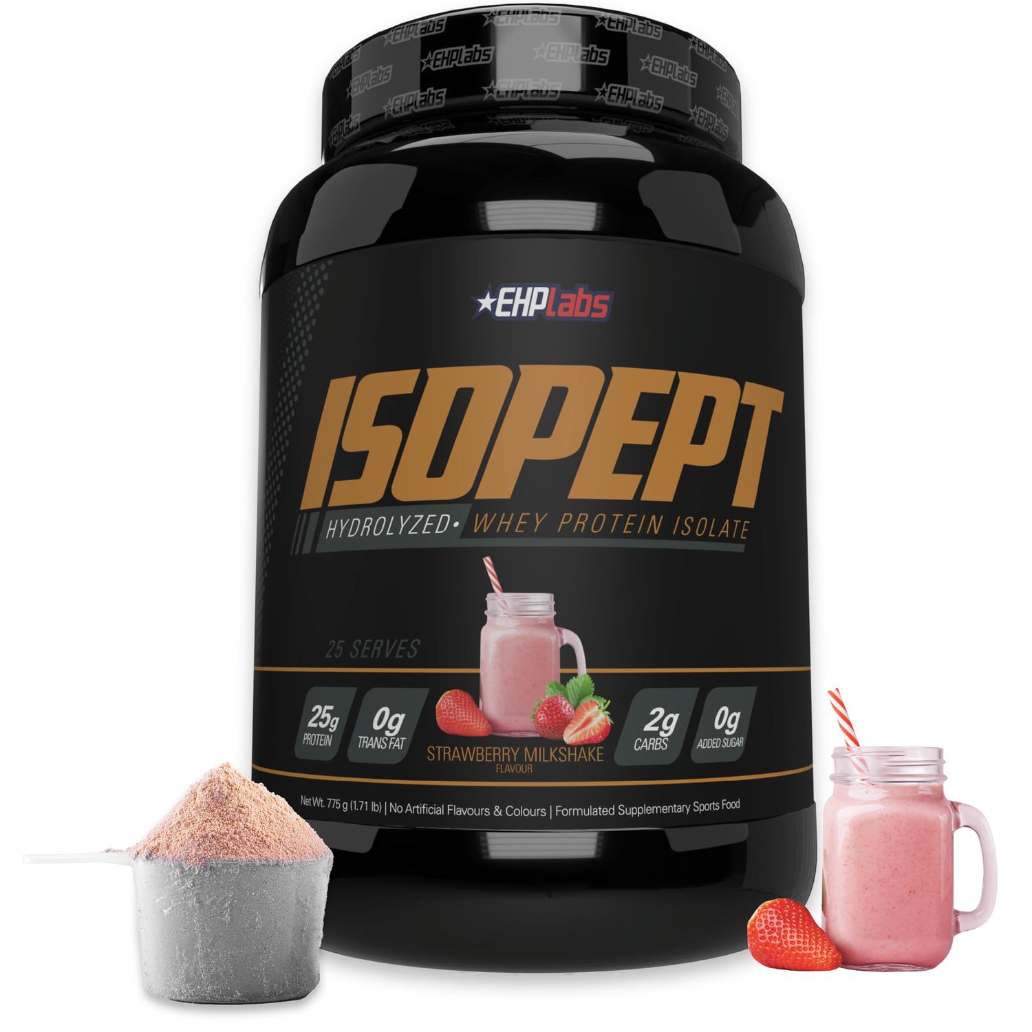 IsoPept Hydrolyzed Whey Protein Powder by EHPlabs - 100% Whey Protein Isolate &amp; Hydrolysate, 27g of Protein, Non-GMO, Gluten Free, Fast Absorbing, Easy Digesting, 27 Serves (Strawberry Milkshake)