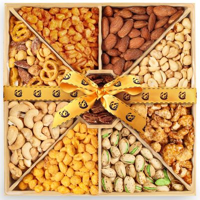 Valentines Day Gourmet Mixed Nuts Gift Basket in Sleek Bamboo Wood Reusable Platter  XL 2 lb Platter Includes 9 Assortments of Premium Nuts, Kosher