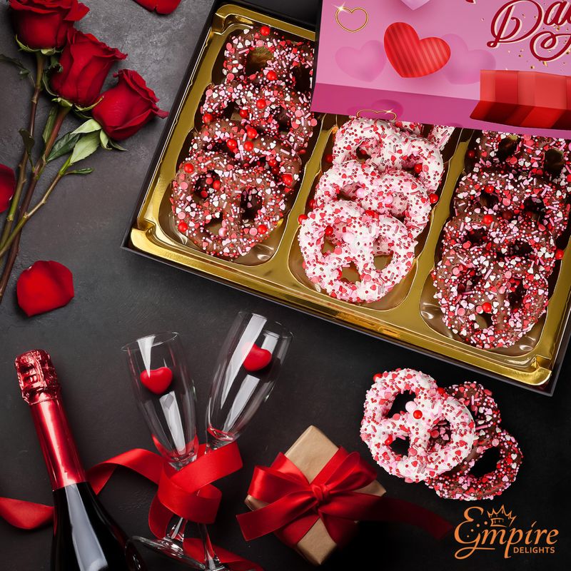 Valentines Day Chocolate-Covered Pretzels - 12 Gourmet Assorted Pretzels in Valentine Gift Box - Great Gift for Women