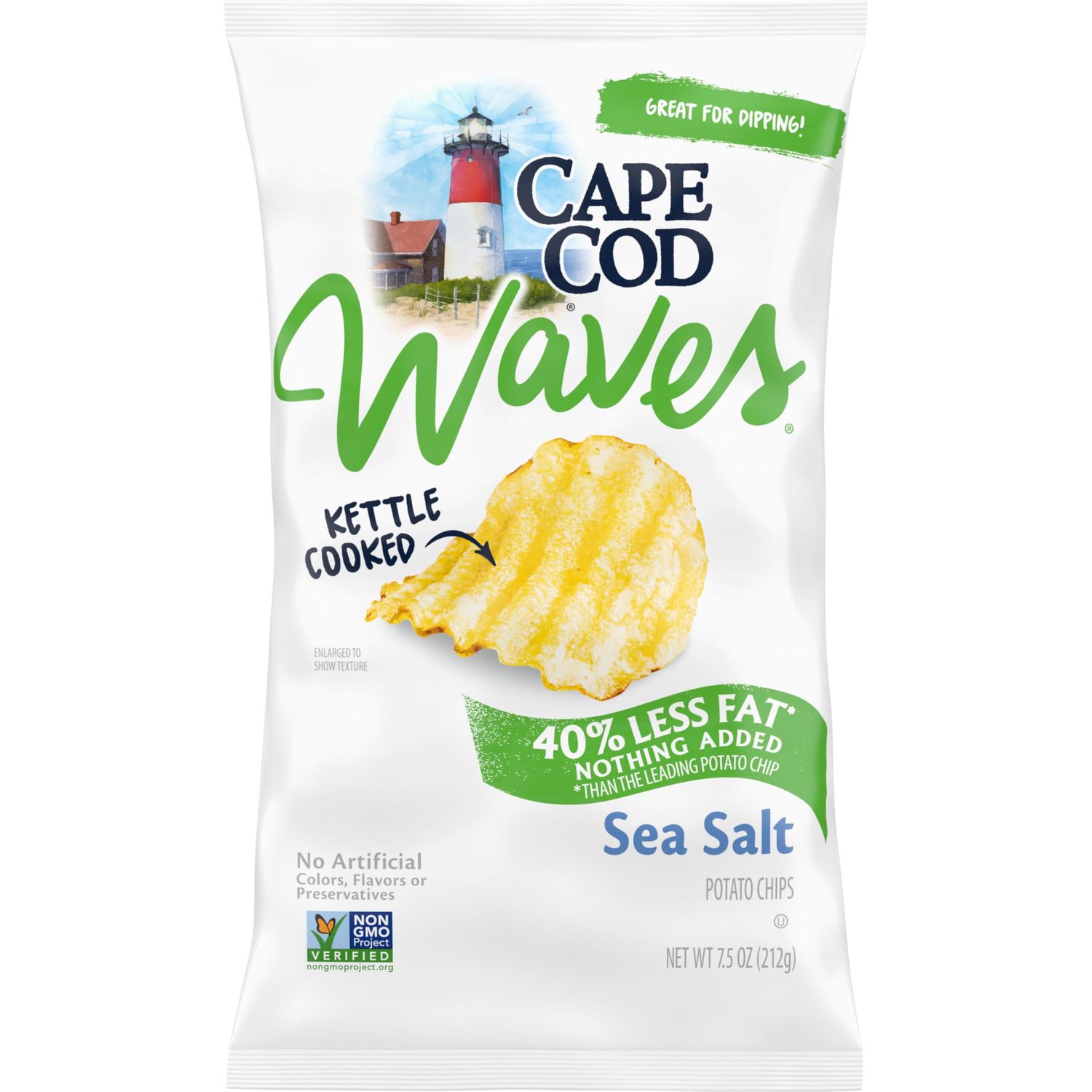 Cape Cod Potato Chips, Wavy Cut Less Fat Sea Salt Kettle Chips, 7.5 Oz