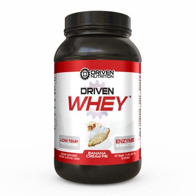 Driven WHEY- Grass Fed Whey Protein Powder: Delicious, Clean Protein Shake- Improve Muscle Recovery with 23 Grams of Protein with Added BCAA and Digestive Enzymes (2 lb, Banana Pie)