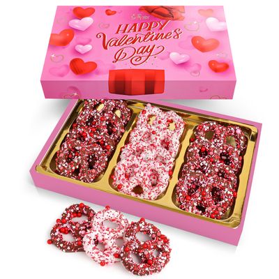 Valentines Day Chocolate-Covered Pretzels - 12 Gourmet Assorted Pretzels in Valentine Gift Box - Great Gift for Women