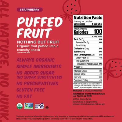 Made In Nature Organic Puffed Fruit, Strawberry, 0.9 Ounce Bag (Pack of 6) - Vegan Snack, Non-GMO, Gluten Free