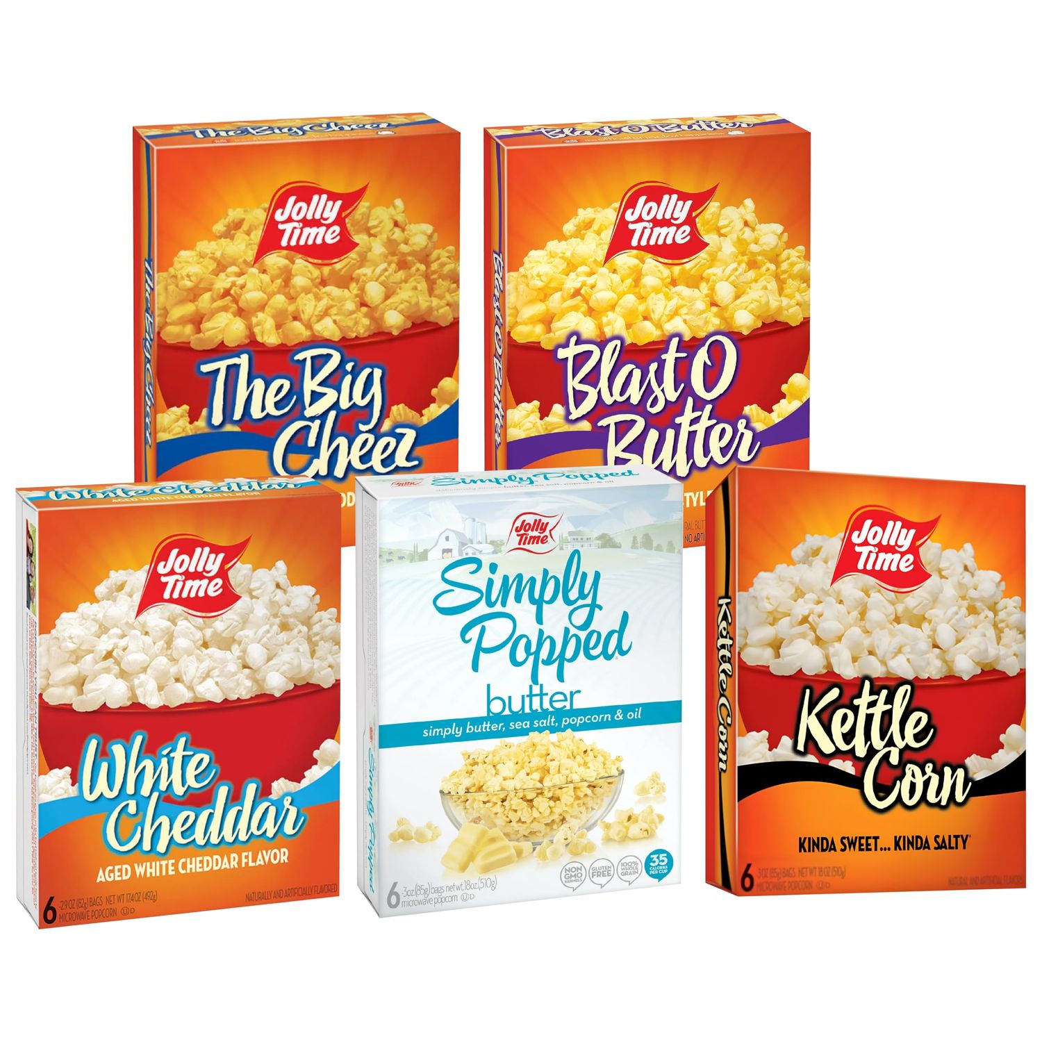 Jolly Time Microwave Popcorn Variety Pack, 6 Sharing Size Bags Per Carton, (1) Blast O Butter, (1) The Big Cheez, (1) Kettle Corn, (1) White Cheddar, and (1) Simply Popped Butter