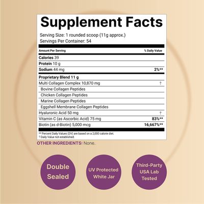 Multi Collagen Protein Powder 600g - 5 Types (I, II, III, V, X) Grass-Fed & Pasture-Raised with Biotin 5000mcg, Vitamin C & Hyaluronic Acid Keto, Paleo, Unflavored (54 Servings)