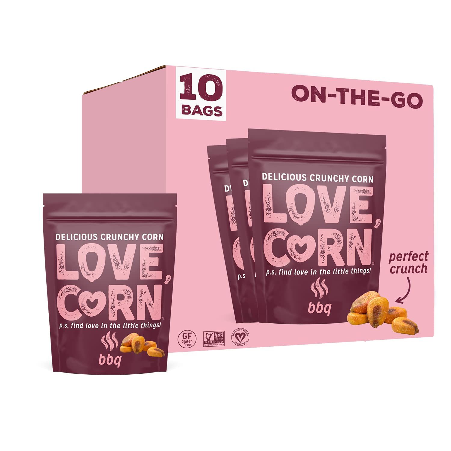 LOVE CORN BBQ 1.6oz x 10 Bags - Delicious Crunchy Corn - Healthy Family Snacks - Gluten Free, Kosher, NON-GMO - Alternative for Chips, Nuts, Crackers &amp; Pretzels - Perfect for Charcuterie Boards