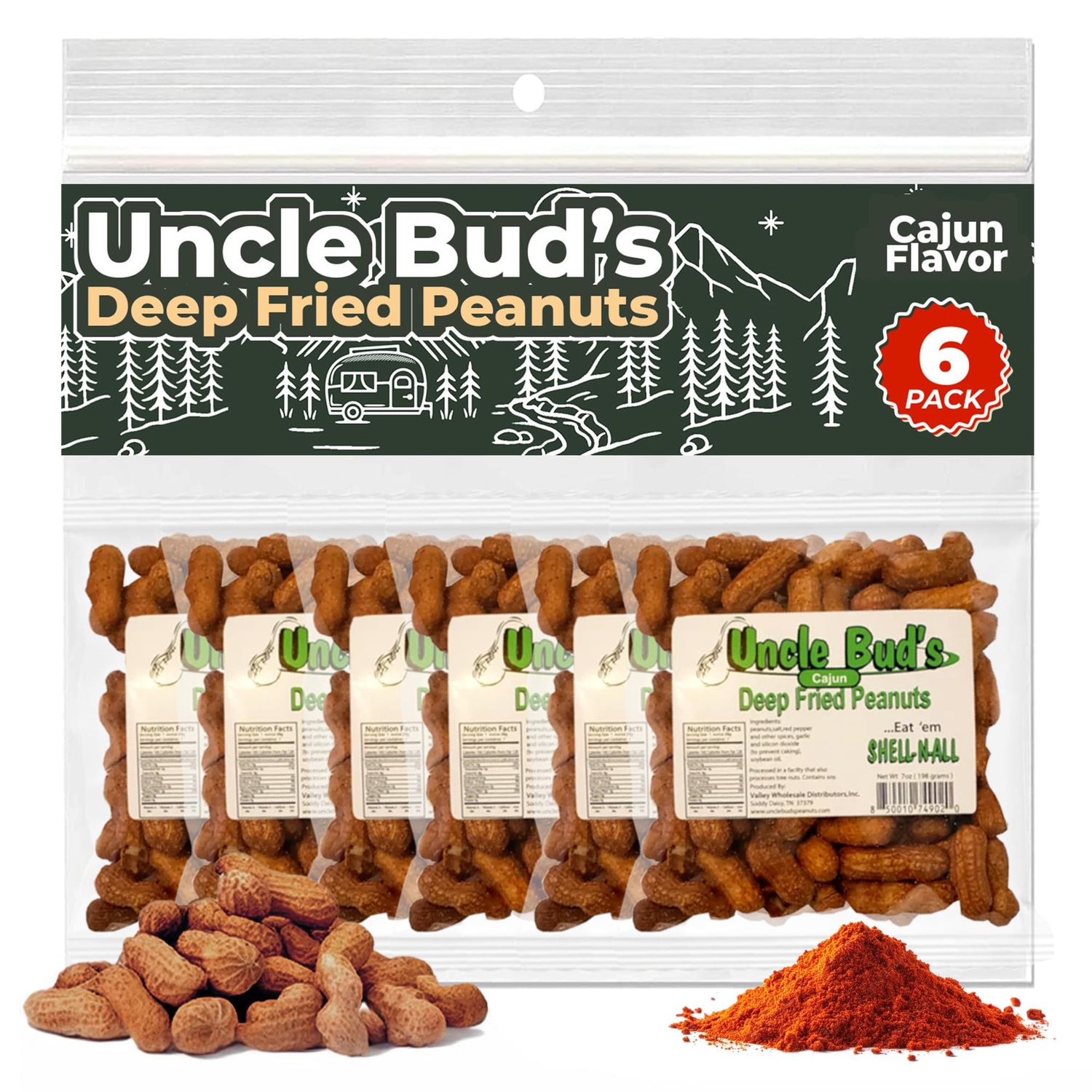Uncle Bud&#39;s Deep Fried Peanuts in Shell (6-Pack)  Spicy Peanuts, Cajun Flavor Peanuts Individual Packs, High Protein Spicy Peanut for Adults, Crunchy Flavored Nuts with Shell, Hot Peanut Snacks