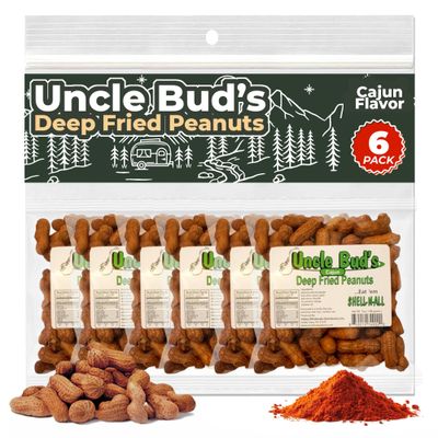 Uncle Bud&#39;s Deep Fried Peanuts in Shell (6-Pack)  Spicy Peanuts, Cajun Flavor Peanuts Individual Packs, High Protein Spicy Peanut for Adults, Crunchy Flavored Nuts with Shell, Hot Peanut Snacks