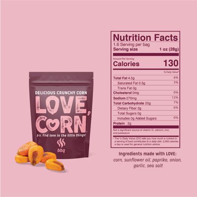 LOVE CORN BBQ 1.6oz x 10 Bags - Delicious Crunchy Corn - Healthy Family Snacks - Gluten Free, Kosher, NON-GMO - Alternative for Chips, Nuts, Crackers &amp; Pretzels - Perfect for Charcuterie Boards