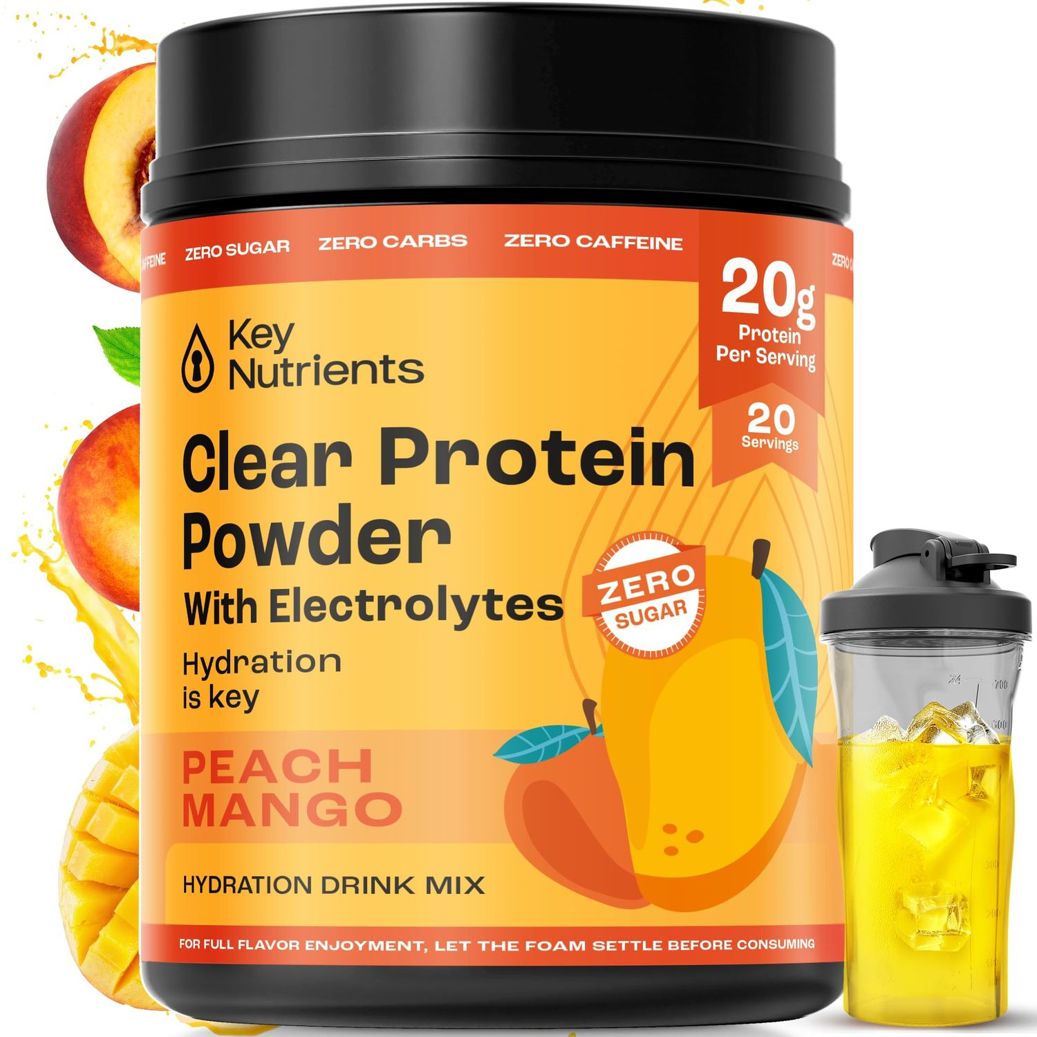 KEY NUTRIENTS Multivitamin Electrolytes Powder No Sugar - Peach Mango Electrolyte Powder - Endurance &amp; Energy Supplement - Hydration Powder - No Calories - 20 Servings - (Peach Mango  Protein Powder)