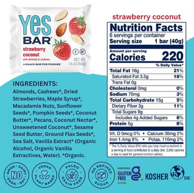 The YES Bar - Strawberry Coconut - Plant Based Protein, Decadent Snack Bar - Vegan, Paleo, Gluten Free, Dairy Free, Low Sugar, Healthy Snack, Breakfast, Low Carb, Keto Friendly (Pack of 6)