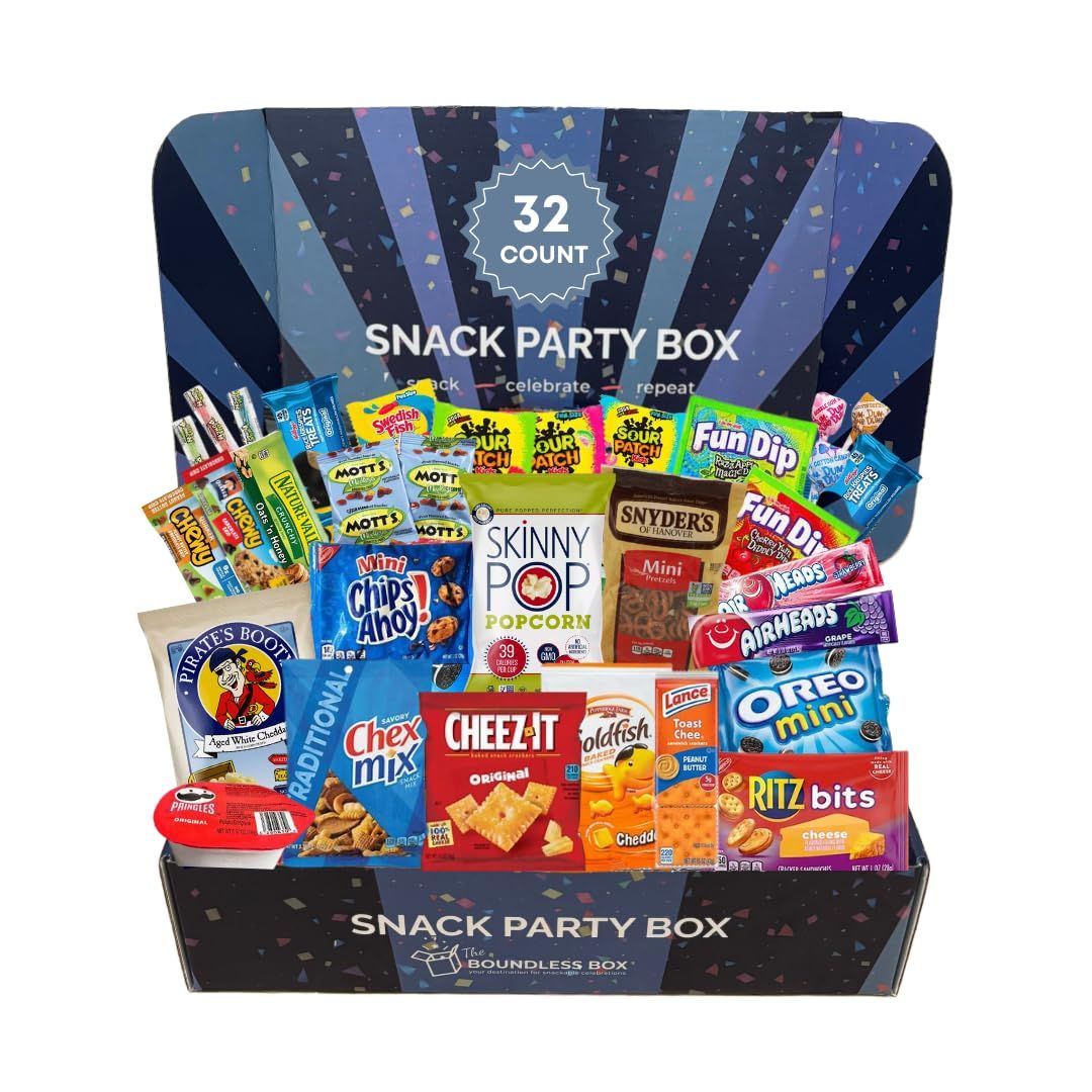 SNACK PARTY BOX from The Boundless Box (32ct) - Variety Pack of Snacks for All Occassions! Easter, Spring Break, Admin Day, Birthday, College Care Package, Kids, Thank you