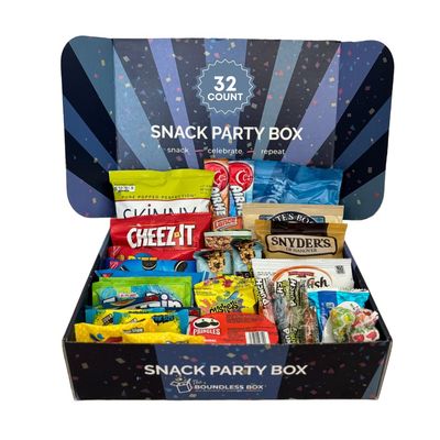 SNACK PARTY BOX from The Boundless Box (32ct) - Variety Pack of Snacks for All Occassions! Easter, Spring Break, Admin Day, Birthday, College Care Package, Kids, Thank you