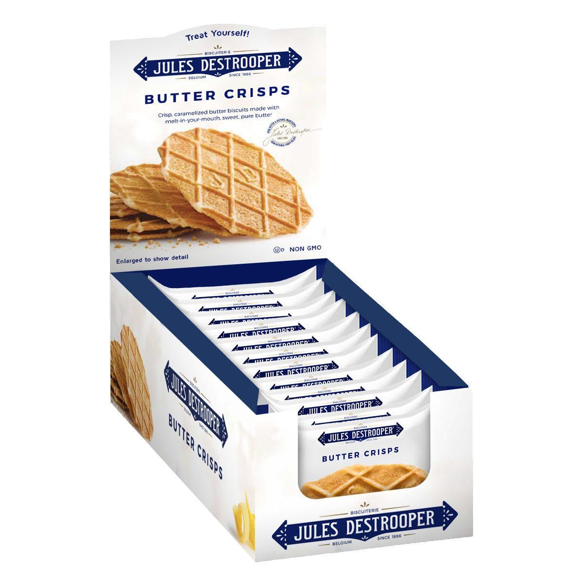Jules Destrooper Mini Butter Crisp Snack Packs - Crisp, Caramelized Waffle Cookies, Certified Kosher Dairy, Non-GMO, Authentic Biscuits Made in Belgium, 4 Crisps per pack, Box of 12, On-The-Go Snack