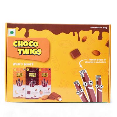 Choco Twigs - Almond Butter Sticks  Festive Box- Made with Real Almonds  Pocket Friendly Travel Pack  Healthy Snack for Kids &amp; Adults  45 sticks (15 sticks per pack)