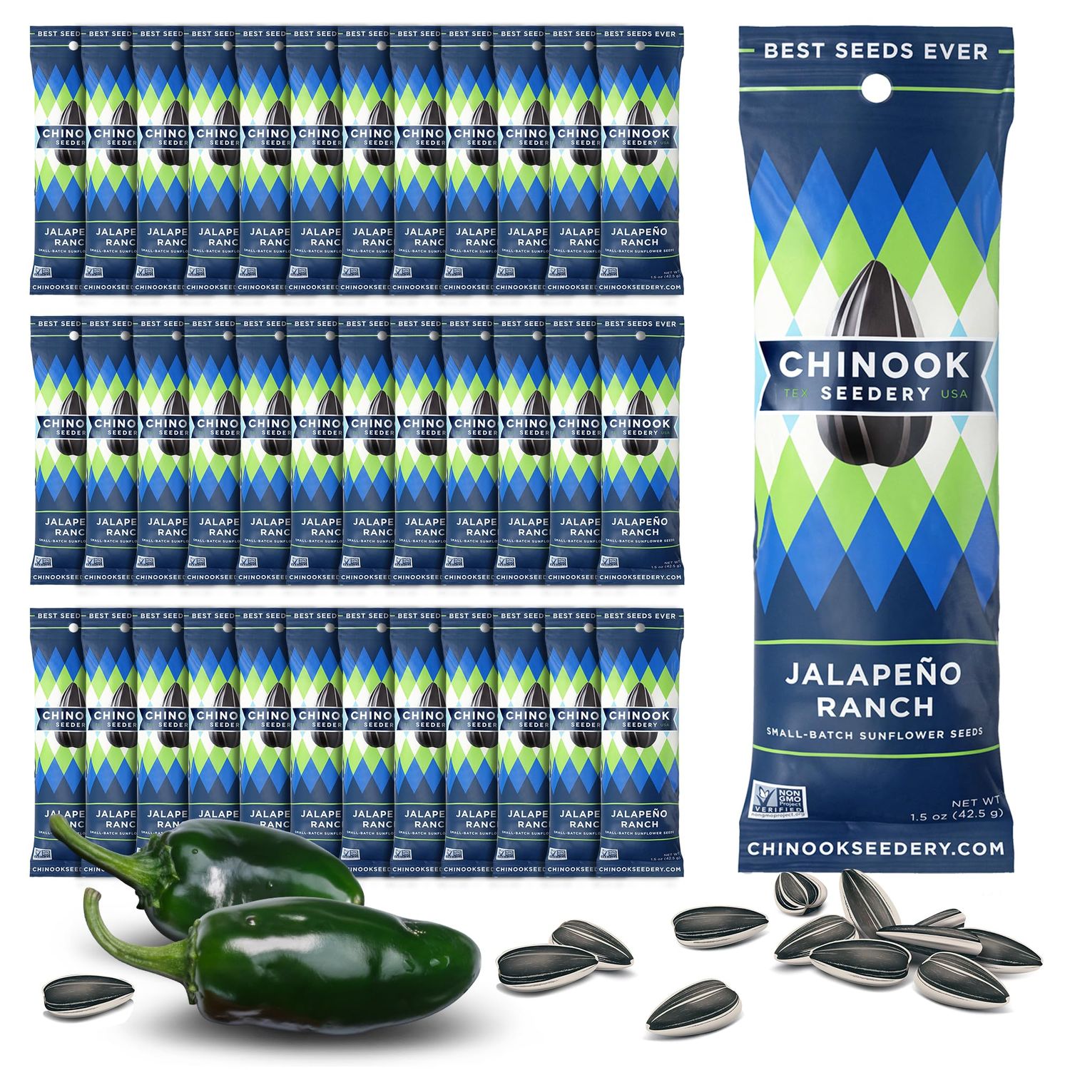 Chinook Seedery Roasted Sunflower Seeds to Eat - Jumbo Low Sodium Sunflower Seeds Keto Snacks - Adventure, Baseball, School Snacks - Gluten Free, Non GMO - 1.5 oz (Pack of 36) Jalapeno Ranch