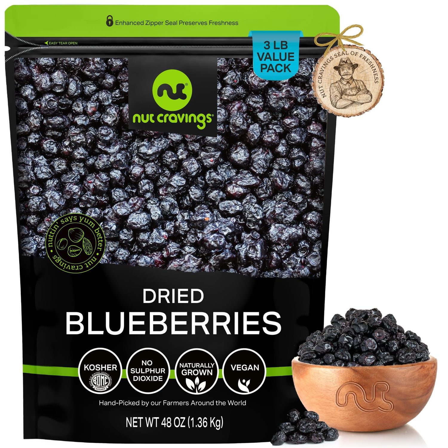 NUT CRAVINGS Dry Fruits - Sun Dried Blueberries, Lightly Sweetened (48oz - 3 LB, Bulk) Packed Fresh in Resealable Bag - Sweet Snack, Healthy Food, Naturally Grown, Vegan, Kosher Certified