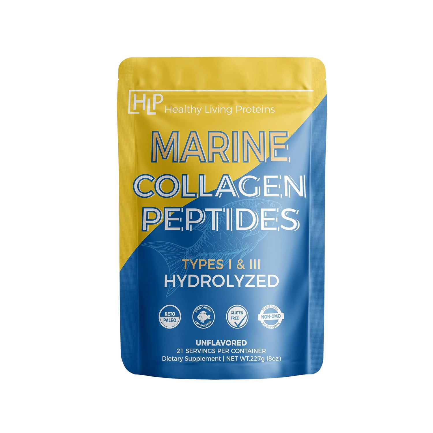 Healthy Living Proteins  Marine Collagen Peptides Type 1 &amp; 111  24g Fish Protein, Naturally Sourced Wild Fish, Non-GMO  Keto &amp; Paleo, Gluten Free, Kosher  Unflavored Powder (8 oz)