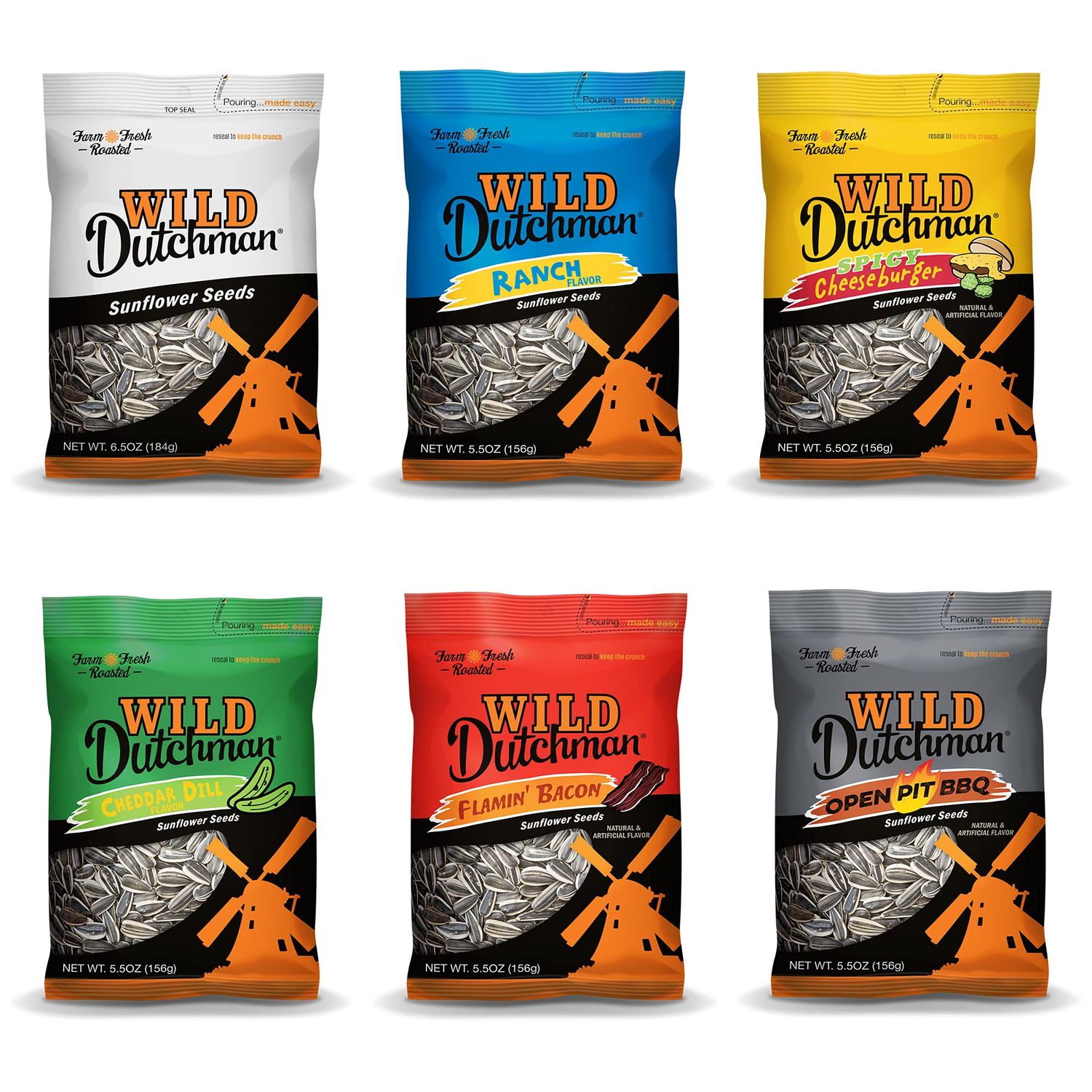 Wild Dutchman Roasted Sunflower Seeds in a Resealable Bag for Ultimate Freshness and an Easy Pour, 6 Flavor Variety Snack Pack, 5.5 oz (Pack of 6)