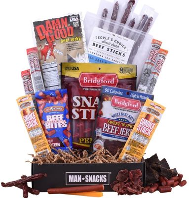 ManSnacks Jerky Gift Basket for Men - 29 pc - Large Variety of Beef Jerky, Jerky Bites, Beef Sticks, Pepperoni Sticks, Turkey Sticks &amp; Cheese Sticks, in a Manly Gift Box  Unique Gift for Jerky Lovers