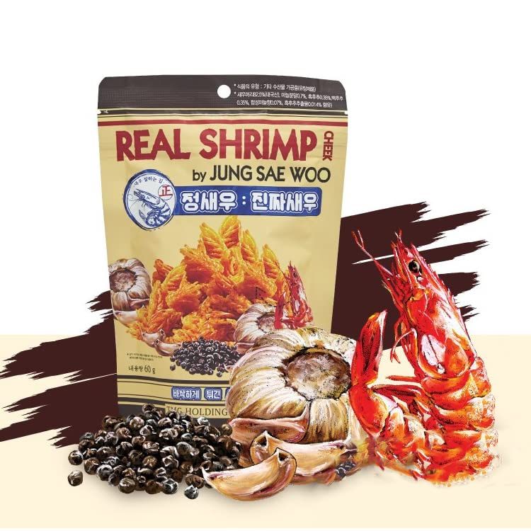 Real Crispy Shrimp Head Cheek Baked Garlic &amp; Black Pepper Flavor by JUNG SAE WOO Real Shrimp Chips, Great for Beer Snack (60g 2.11 oz)