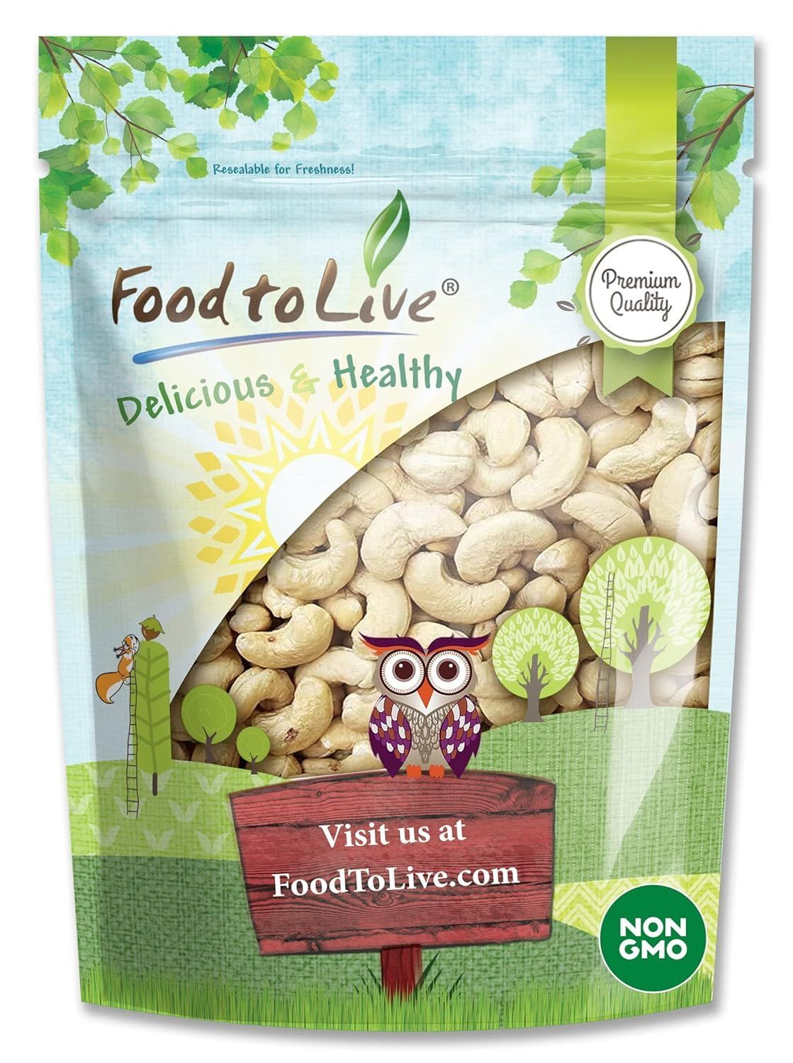 Food to Live - Raw Cashews, 2 Pounds Deluxe Whole Nuts, Unsalted, Unroasted Fancy Snack, Size W-320, Kosher, Vegan, Bulk, A good source of Magnesium, Phosphorus, Manganese &amp; Copper