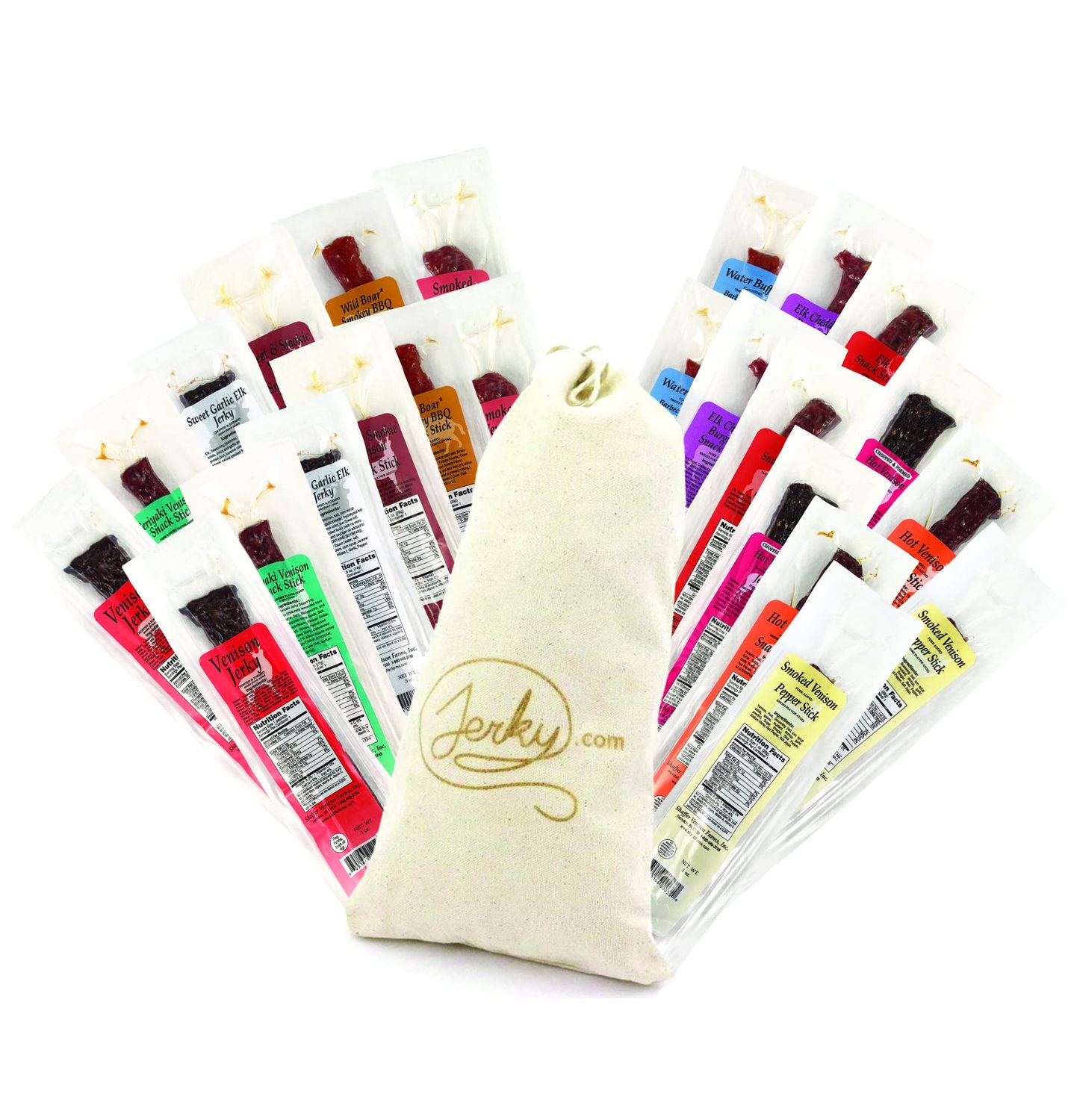 Jerky.com Exotic Jerky Gift Basket - Wild Game Snack Sticks Gift Bag - Venison, Elk, Bison, Wild Boar - Exotic Meat is the Main Ingredient - High Protein, Valentines Gift for Him (24 Piece Gift Bag)