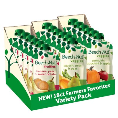 Beech-Nut Baby Food Pouches Variety Pack, NEW Farmer&#39;s Favorites Fruit &amp; Veggie Purees Variety Pack, 3.5 oz (18 Pack)