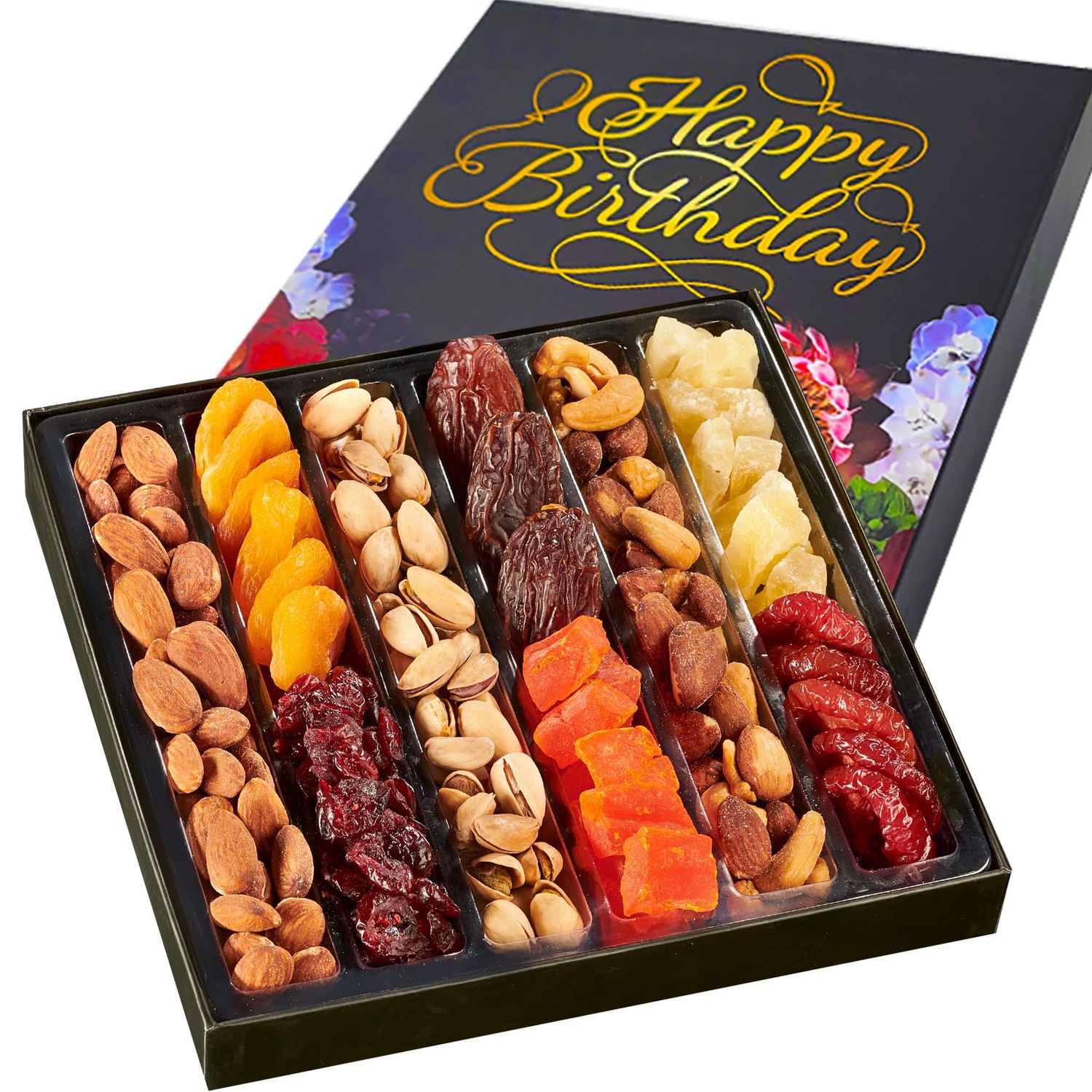 Happy Birthday Dried Fruit &amp; Nuts Gift Basket Arrangement Platter, Gourmet Food Snack Box, Birthday Care Package, Healthy Kosher, Her Him (9 Assortments)